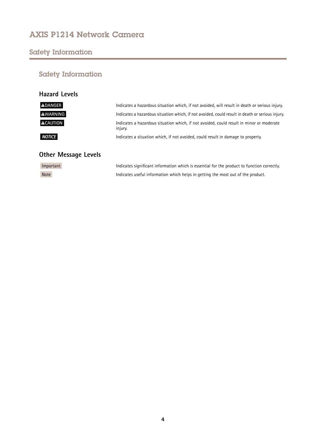 Axis Communications P1214 user manual Safety Information, Hazard Levels, Other Message Levels 