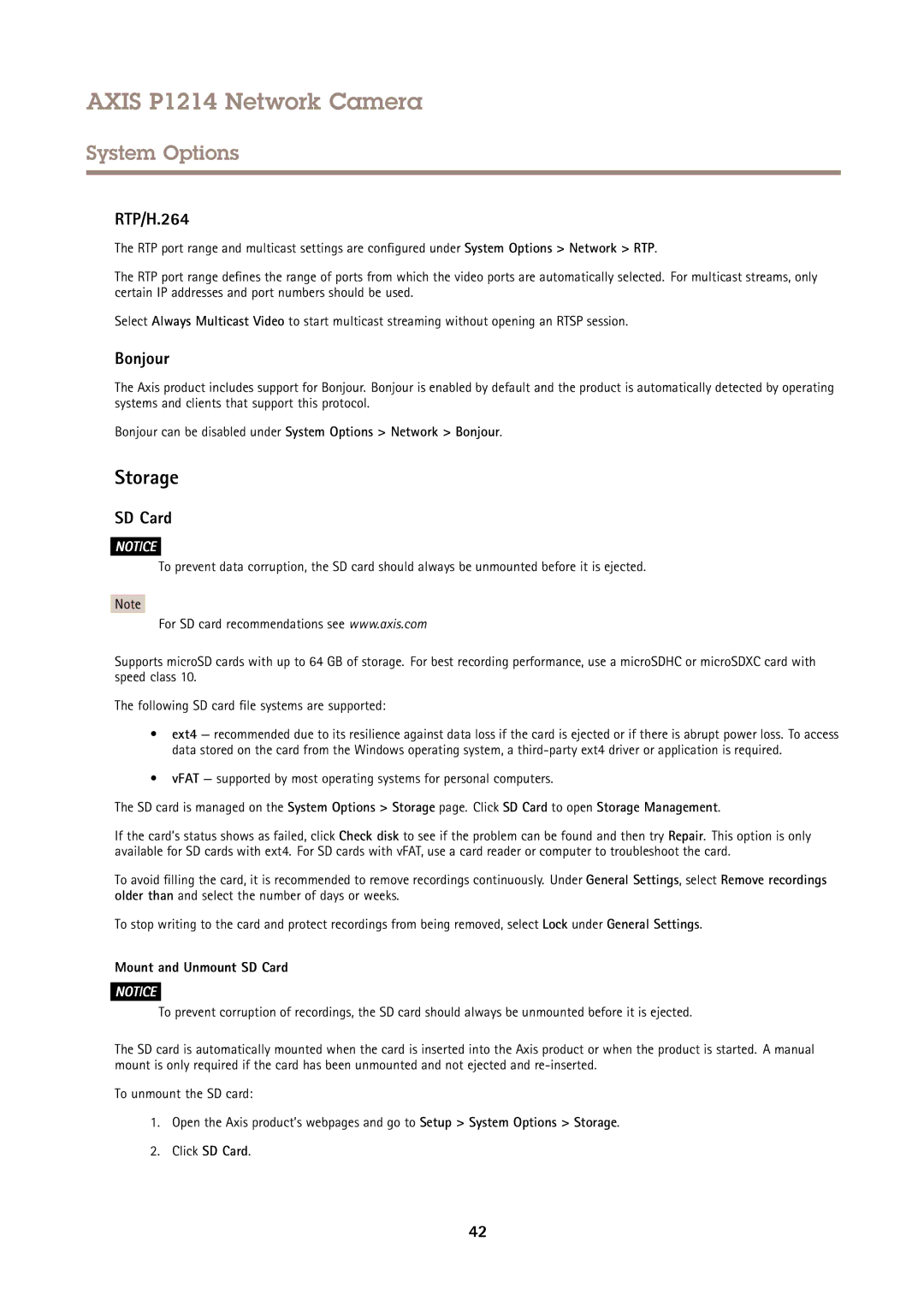 Axis Communications P1214 user manual Storage, RTP/H.264, Bonjour, Mount and Unmount SD Card 