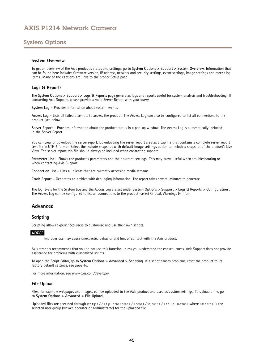 Axis Communications P1214 user manual Advanced, System Overview, Logs & Reports, Scripting, File Upload 