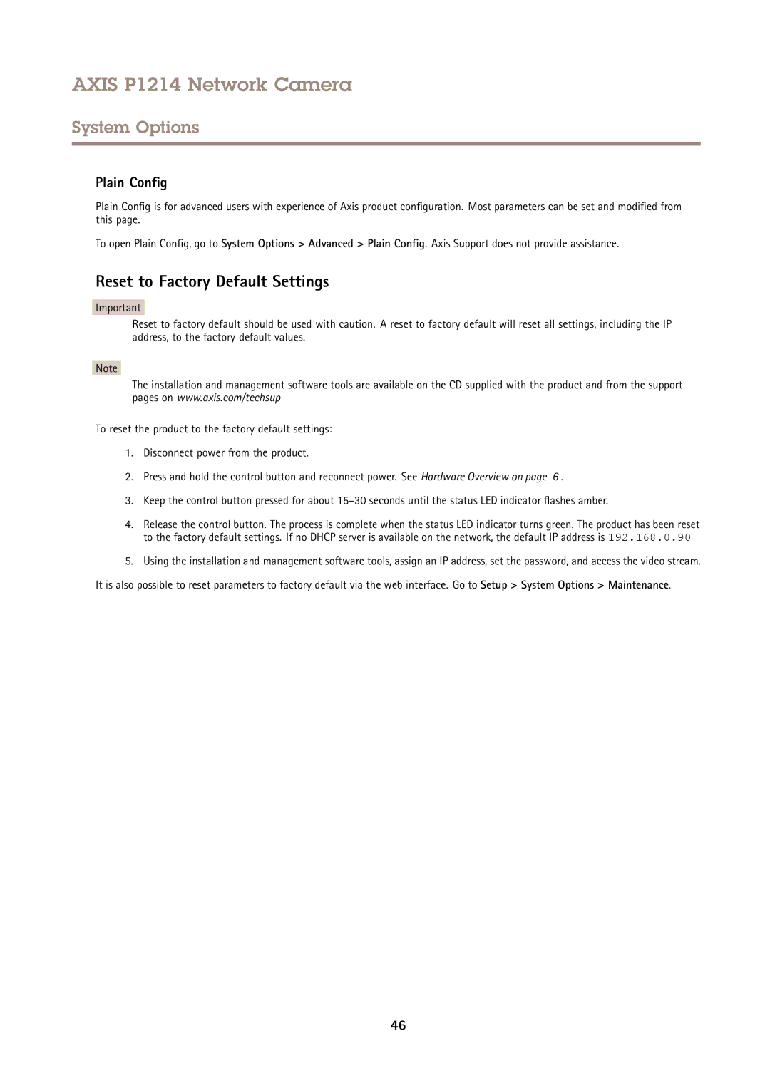 Axis Communications P1214 user manual Reset to Factory Default Settings, Plain Config 