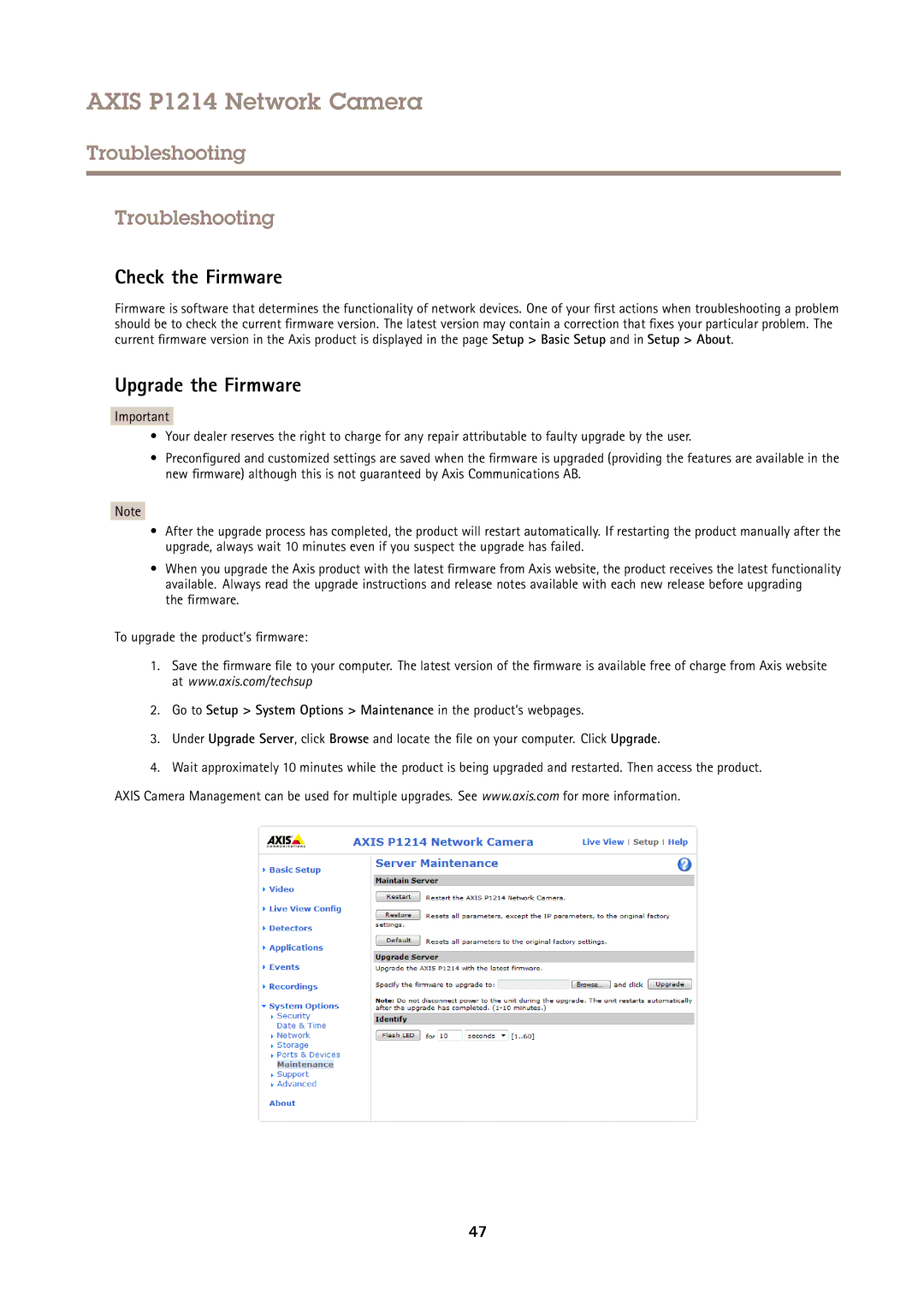 Axis Communications P1214 user manual Troubleshooting, Check the Firmware, Upgrade the Firmware 