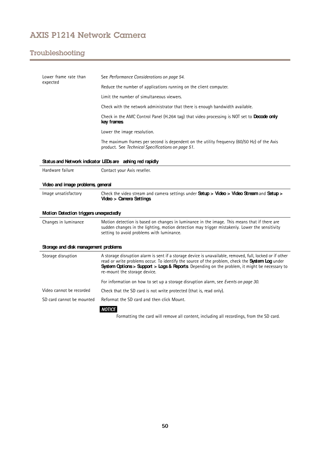 Axis Communications P1214 Key frames, Status and Network indicator LEDs are flashing red rapidly, Video Camera Settings 