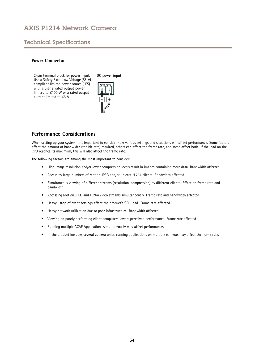 Axis Communications P1214 user manual Performance Considerations, Pin terminal block for power input 