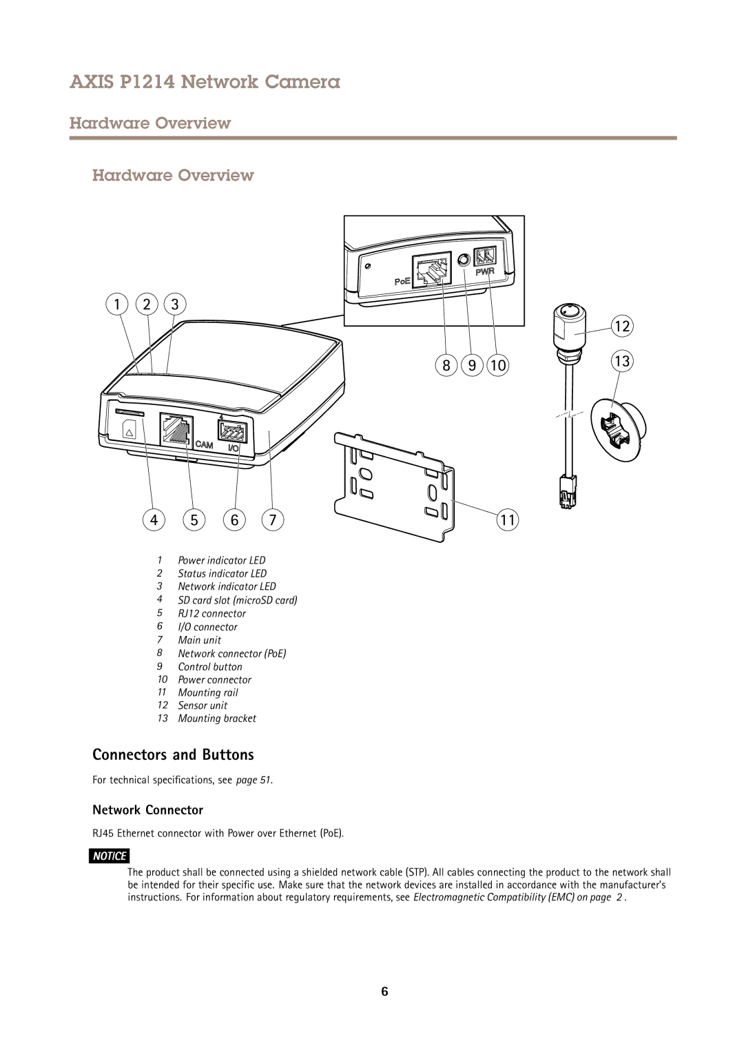 Axis Communications P1214 Hardware Overview, Connectors and Buttons, Network Connector, For technical specifications, see 