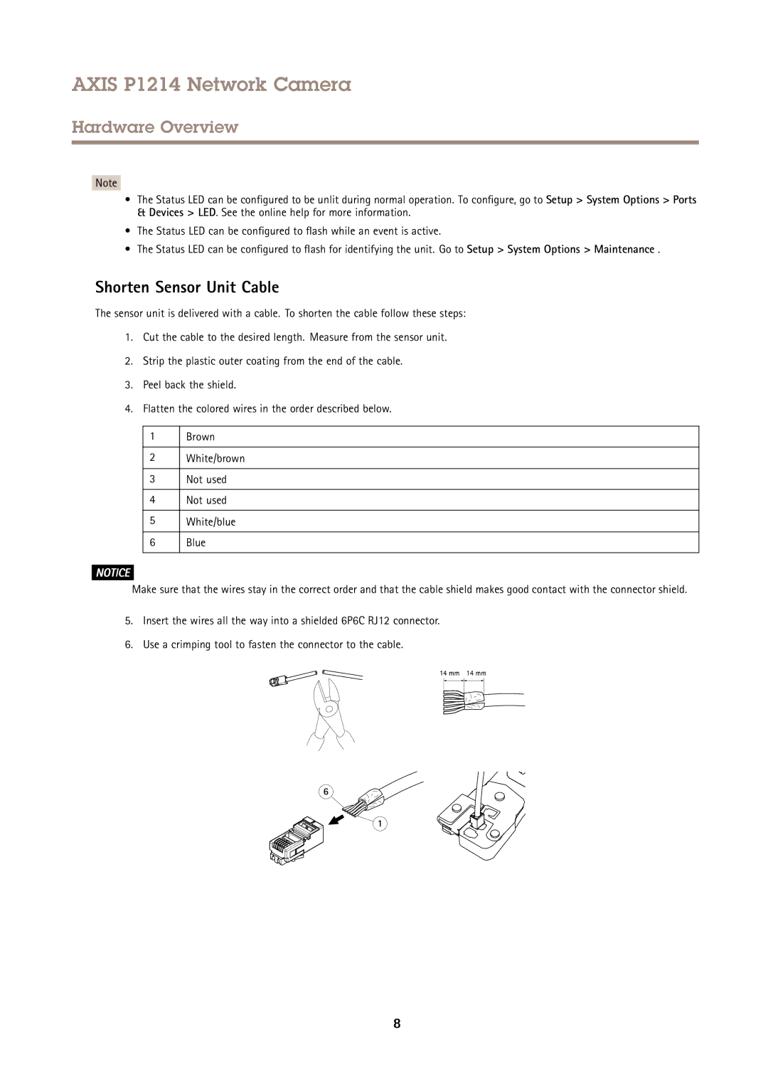 Axis Communications P1214 user manual Shorten Sensor Unit Cable 