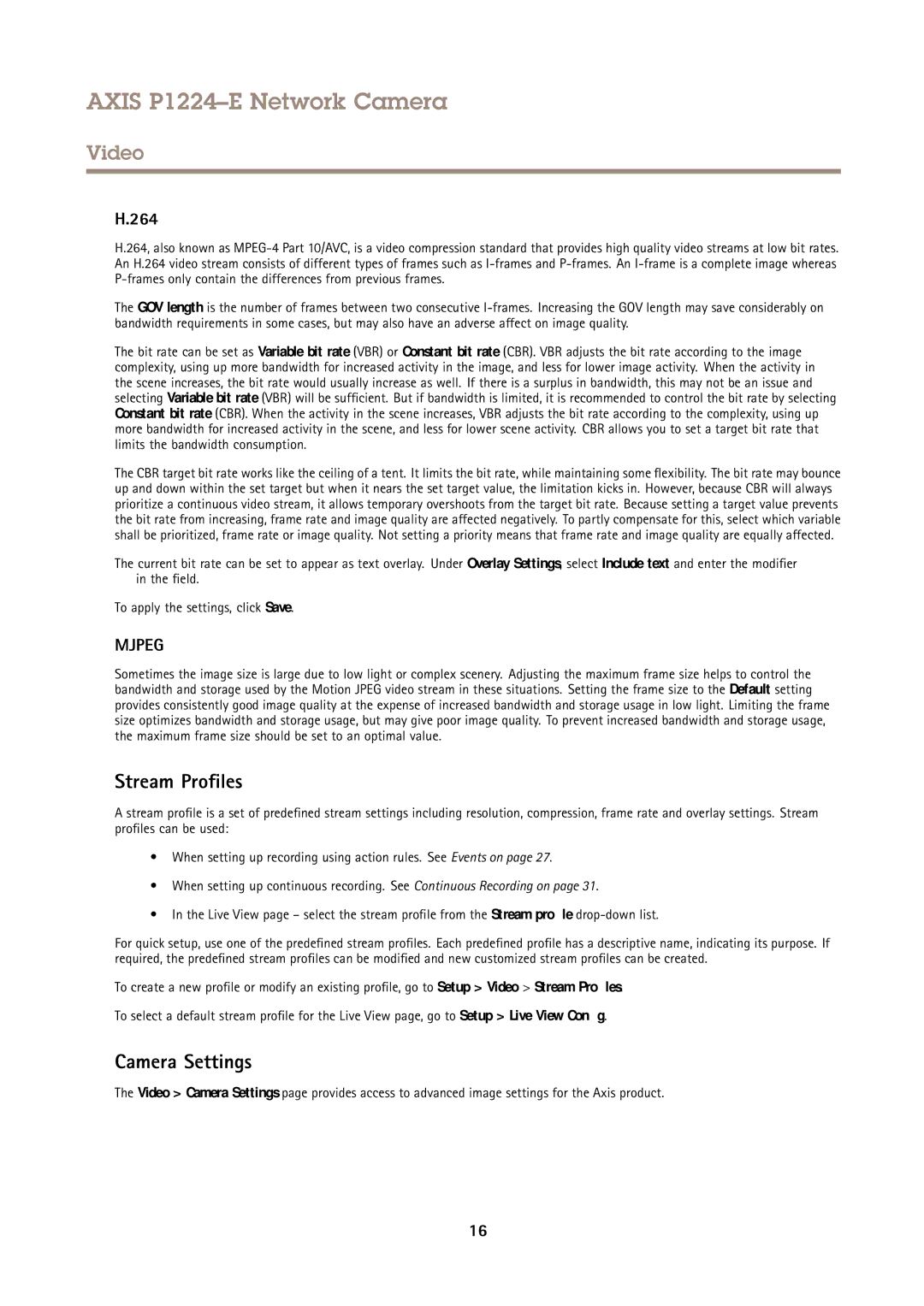 Axis Communications P1224-E user manual Stream Profiles, Camera Settings, 264 