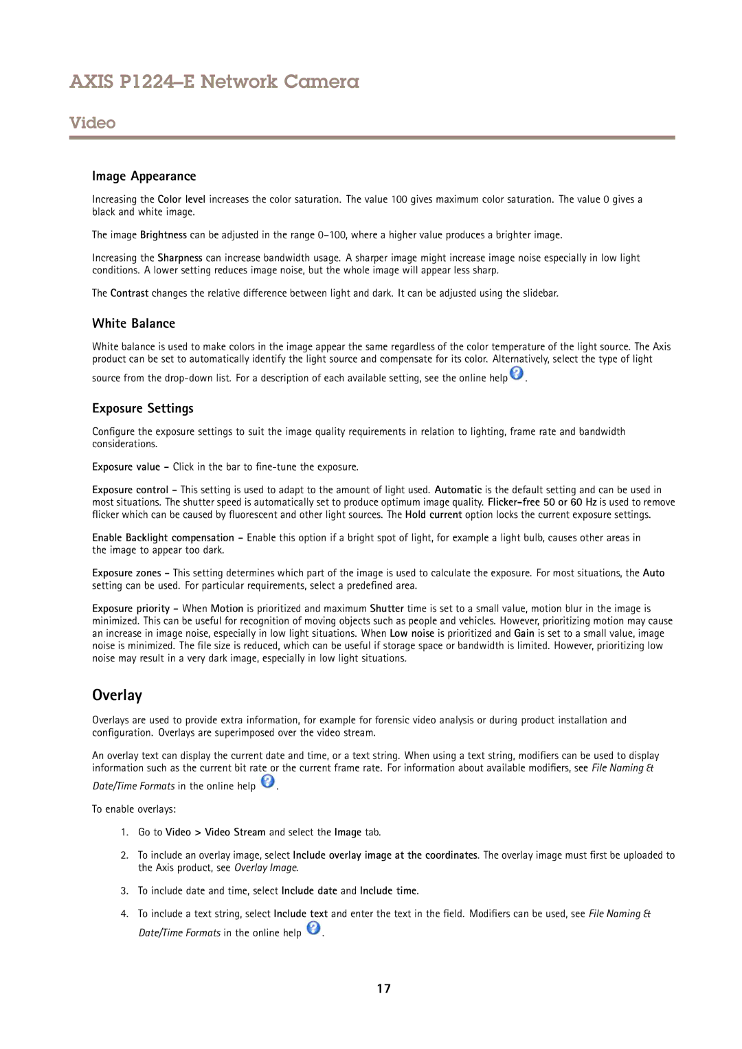 Axis Communications P1224-E user manual Overlay, Image Appearance, White Balance, Exposure Settings 