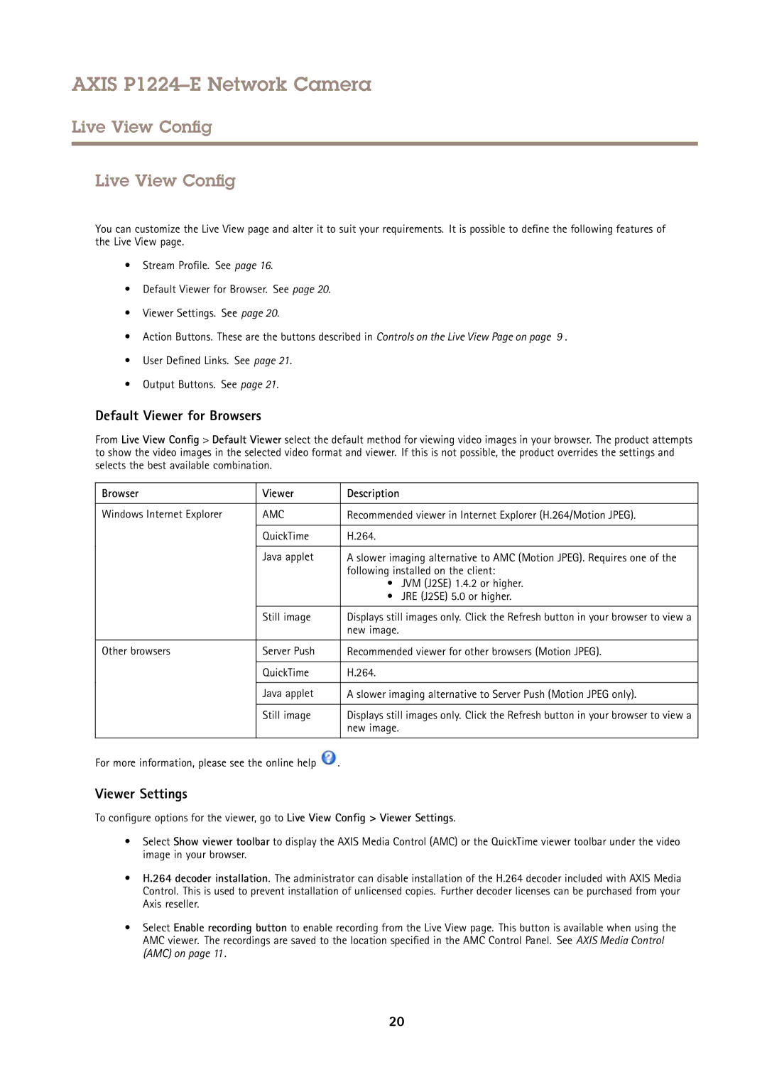 Axis Communications P1224-E Live View Config, Default Viewer for Browsers, Viewer Settings, Browser Viewer Description 