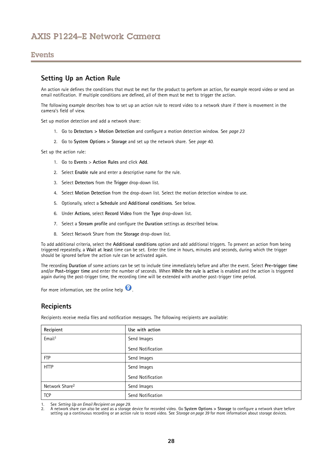 Axis Communications P1224-E user manual Setting Up an Action Rule, Recipients, Go to Events Action Rules and click Add 