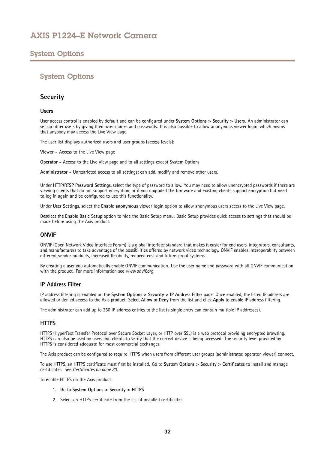 Axis Communications P1224-E user manual Users, IP Address Filter, Go to System Options Security Https 