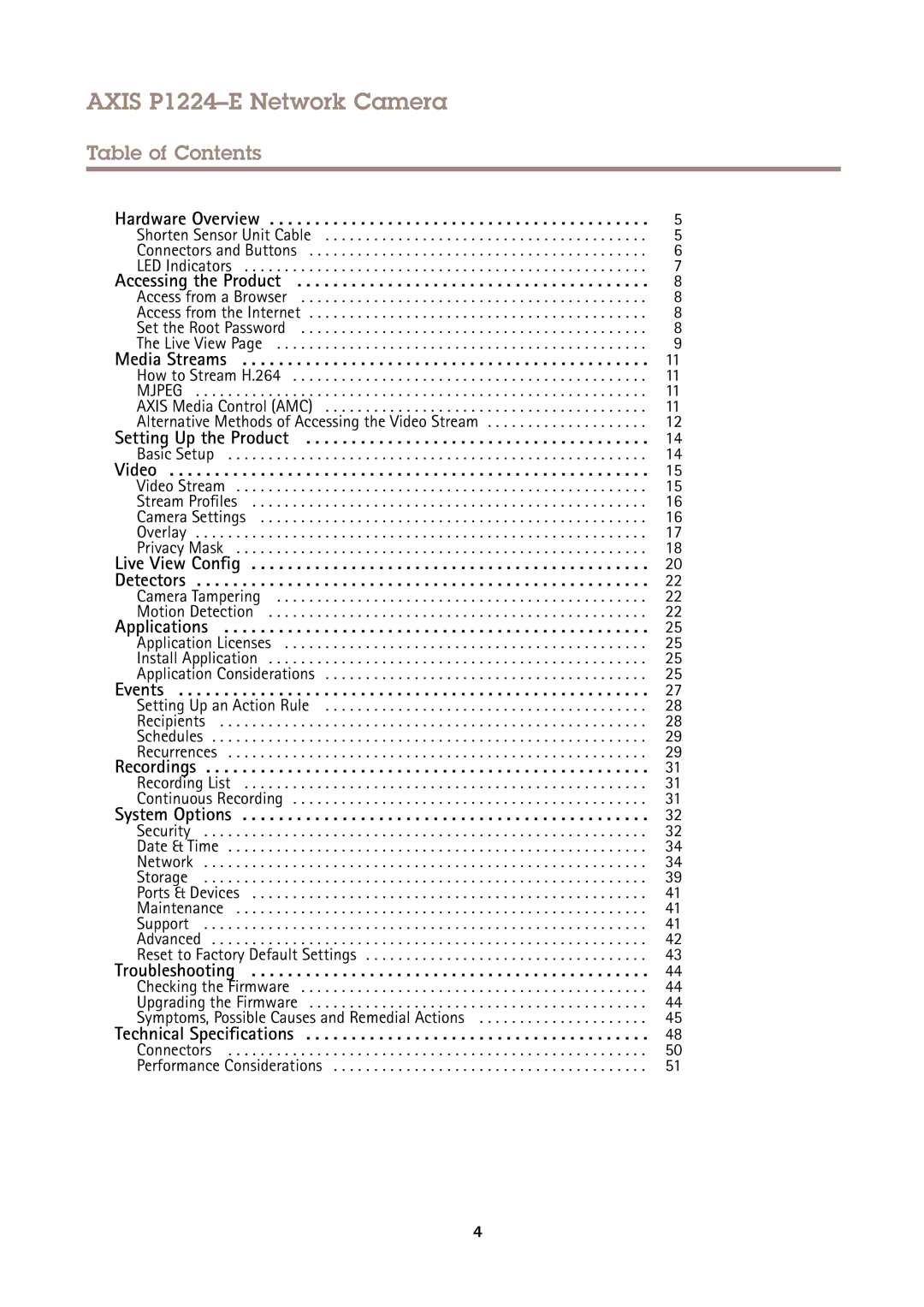 Axis Communications user manual Axis P1224-E Network Camera, Table of Contents 