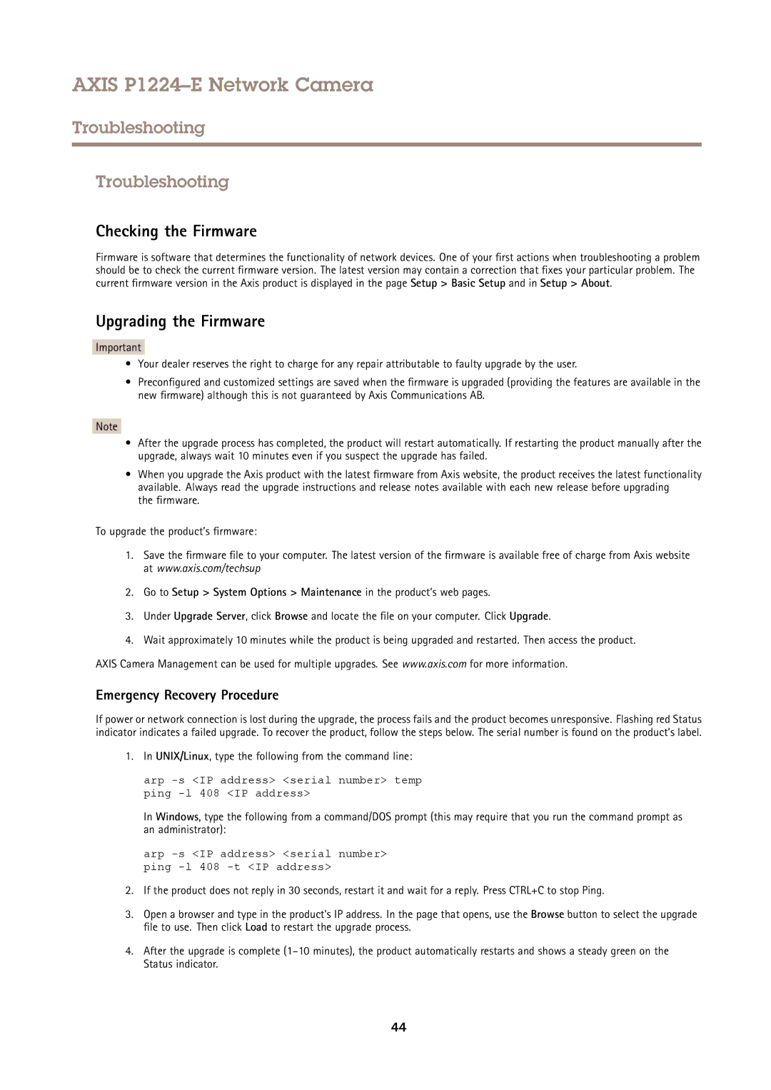 Axis Communications P1224-E Troubleshooting, Checking the Firmware, Upgrading the Firmware, Emergency Recovery Procedure 