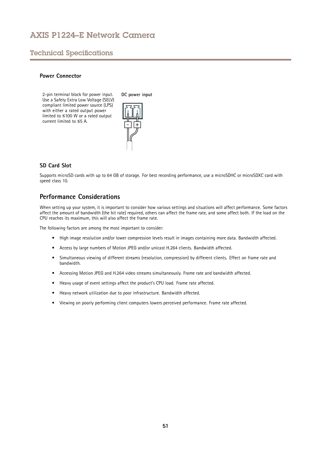 Axis Communications P1224-E user manual Performance Considerations, Power Connector 