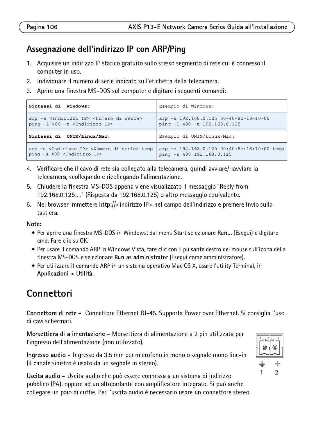 Axis Communications P1347-E, P1343-E, P13-E manual Connettori, Assegnazione dellindirizzo IP con ARP/Ping 