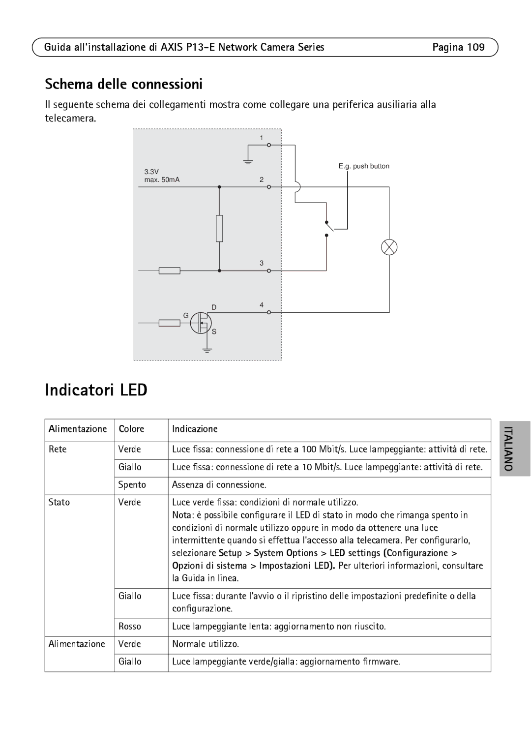 Axis Communications P1347-E, P1343-E, P13-E manual Indicatori LED, Schema delle connessioni, Colore Indicazione 