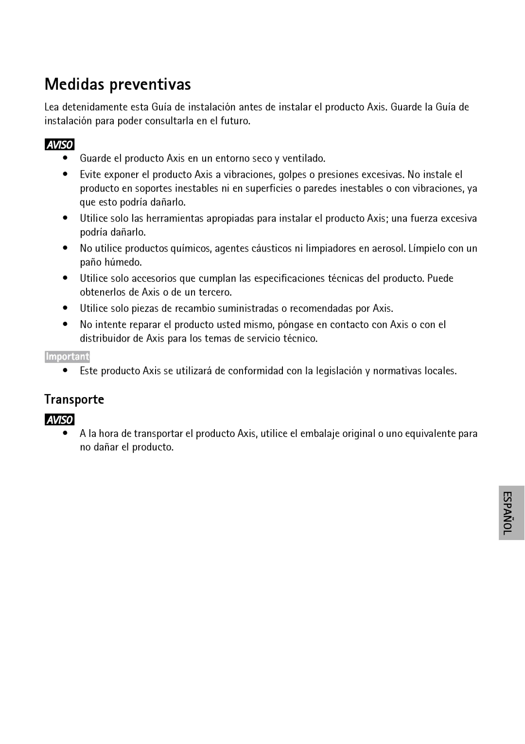 Axis Communications P13-E, P1343-E, P1347-E manual Medidas preventivas, Transporte 