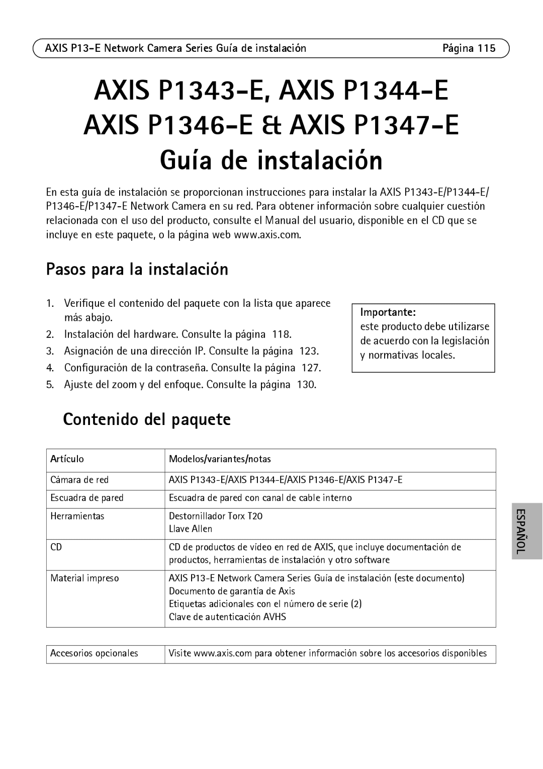 Axis Communications P1347-E, P1343-E Pasos para la instalación, Contenido del paquete, Artículo Modelos/variantes/notas 