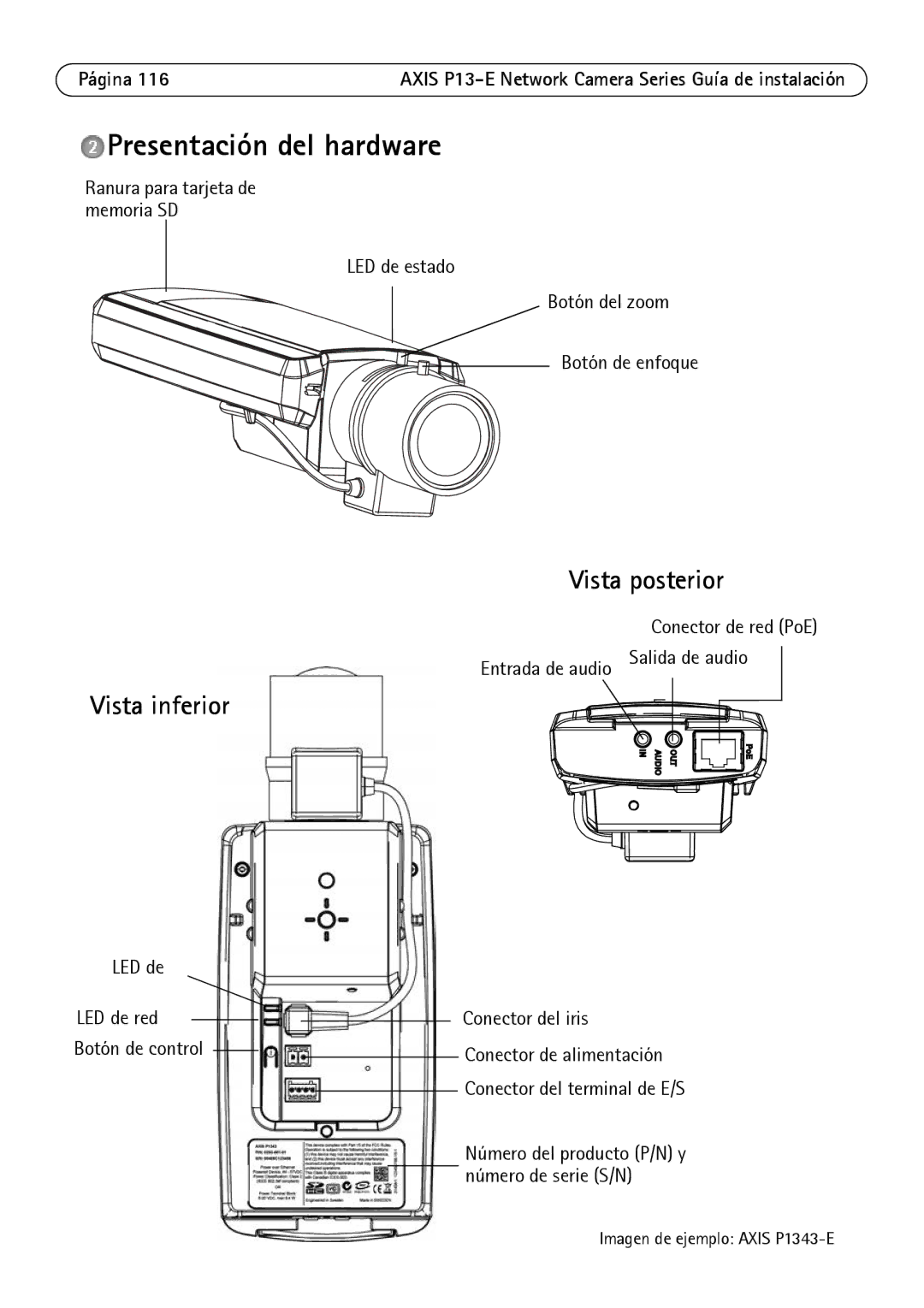 Axis Communications P13-E, P1343-E, P1347-E manual Presentación del hardware, Vista inferior, Vista posterior, LED de 