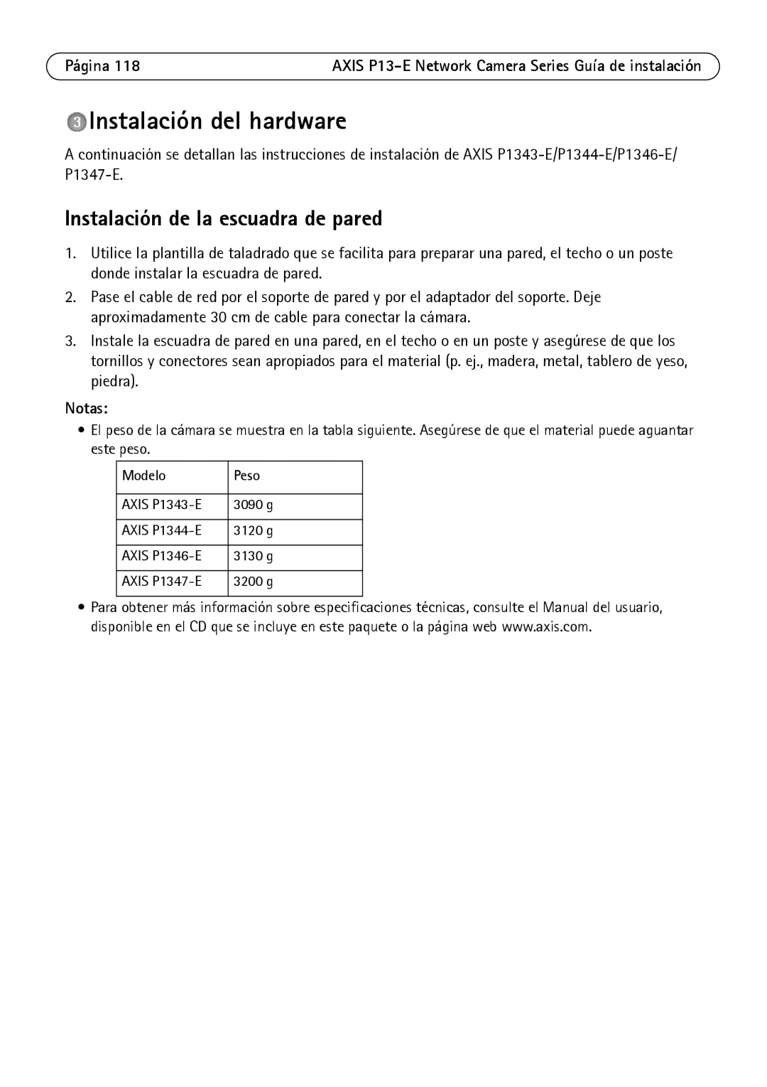 Axis Communications P1347-E, P1343-E, P13-E manual Instalación del hardware, Instalación de la escuadra de pared, Modelo Peso 