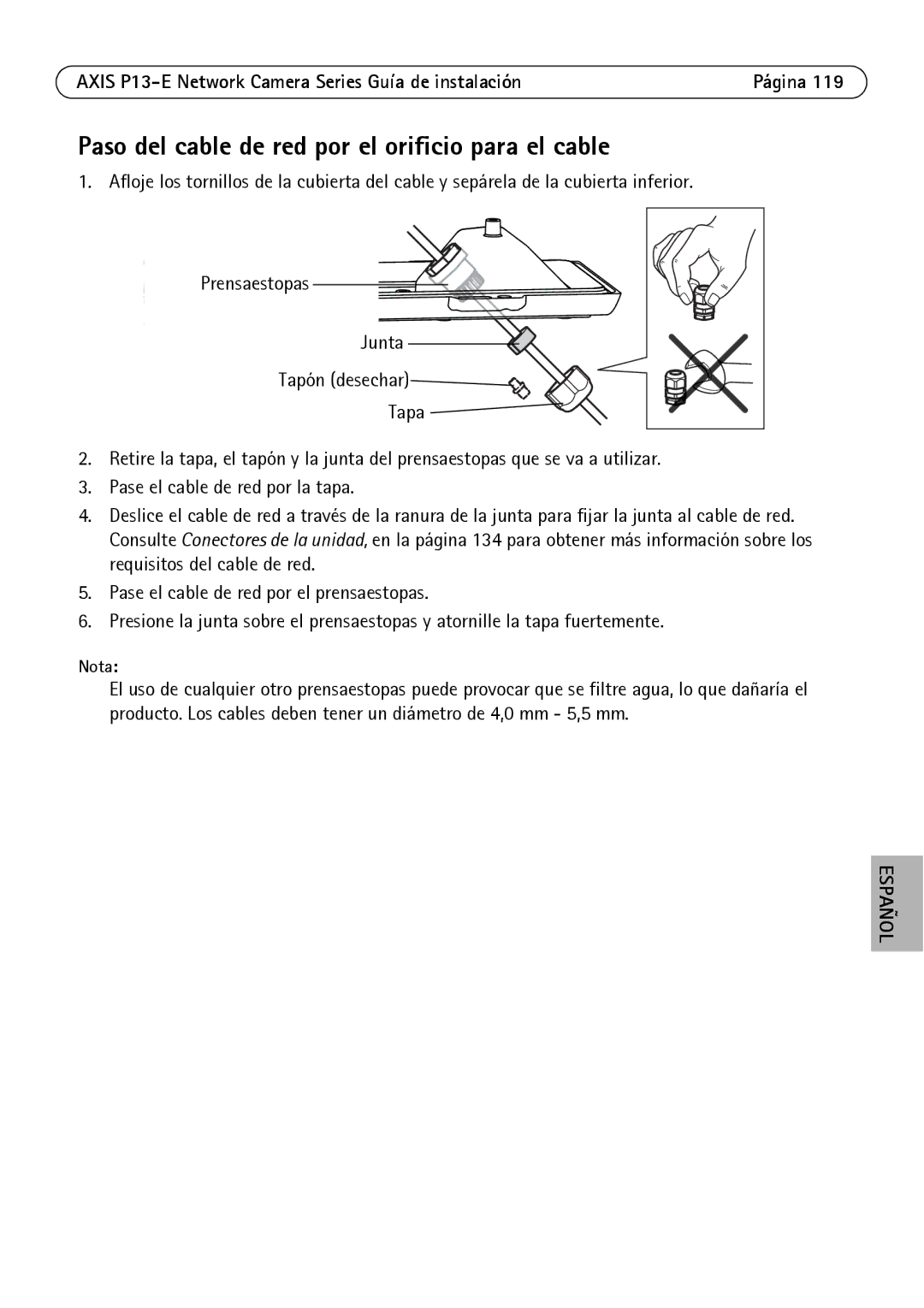 Axis Communications P13-E, P1343-E, P1347-E manual Paso del cable de red por el orificio para el cable, Nota 