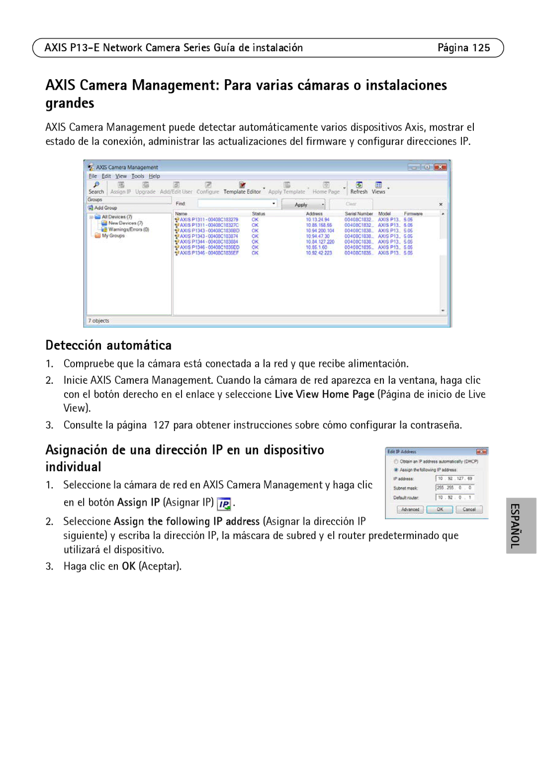 Axis Communications P13-E, P1343-E, P1347-E manual Asignación de una dirección IP en un dispositivo individual 