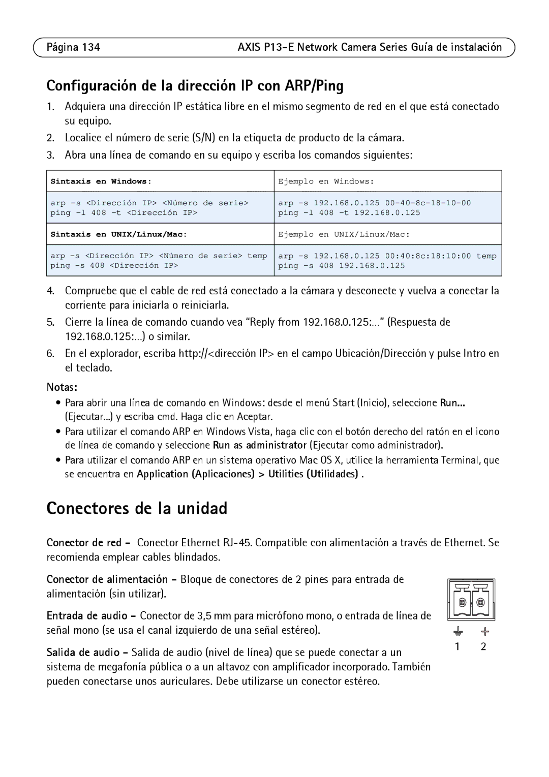 Axis Communications P13-E, P1343-E, P1347-E manual Conectores de la unidad, Configuración de la dirección IP con ARP/Ping 