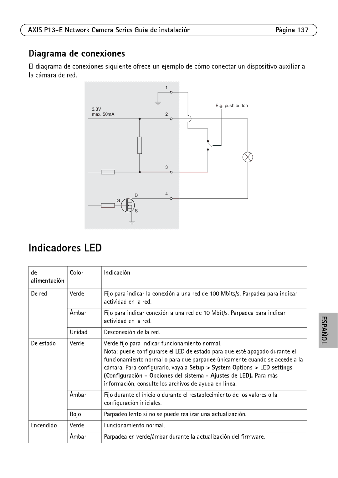 Axis Communications P13-E, P1343-E, P1347-E manual Indicadores LED, Diagrama de conexiones, Color Indicación 