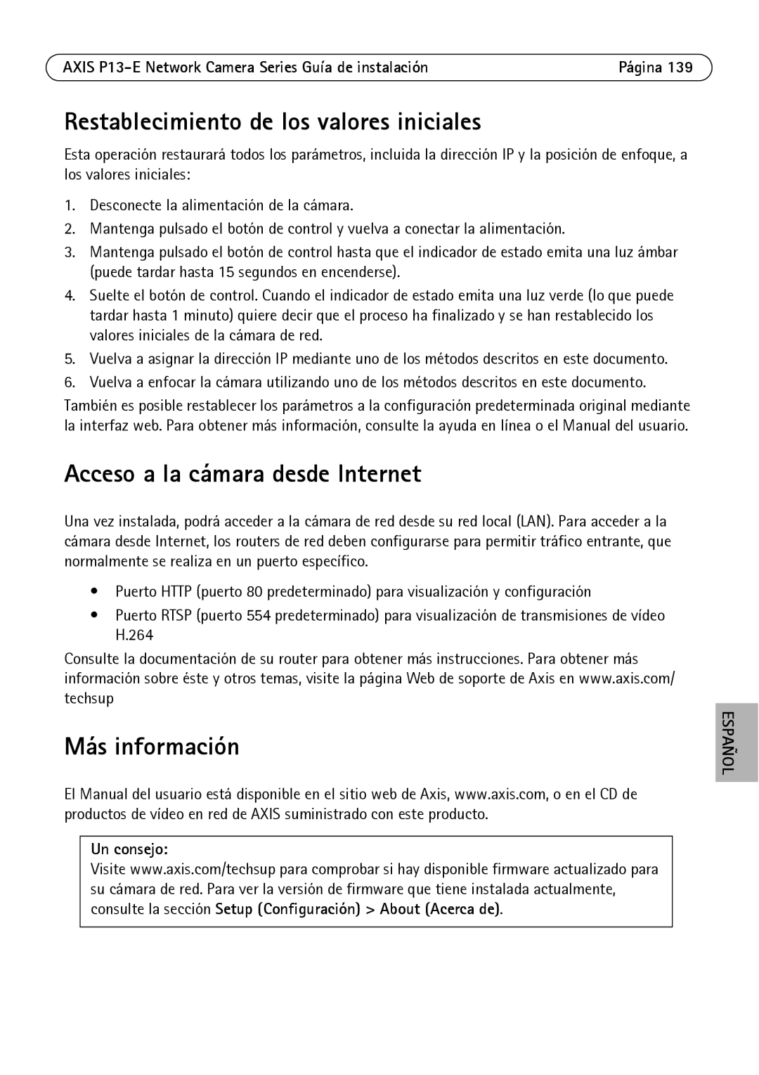 Axis Communications P1347-E Restablecimiento de los valores iniciales, Acceso a la cámara desde Internet, Más información 