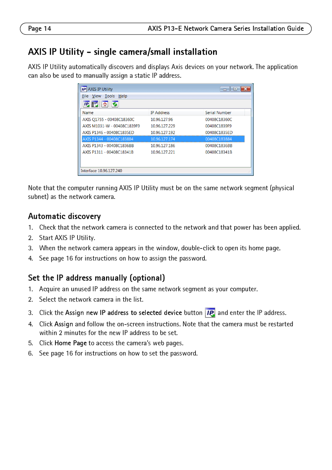 Axis Communications P13-E, P1343-E, P1347-E manual Axis IP Utility single camera/small installation, Automatic discovery 