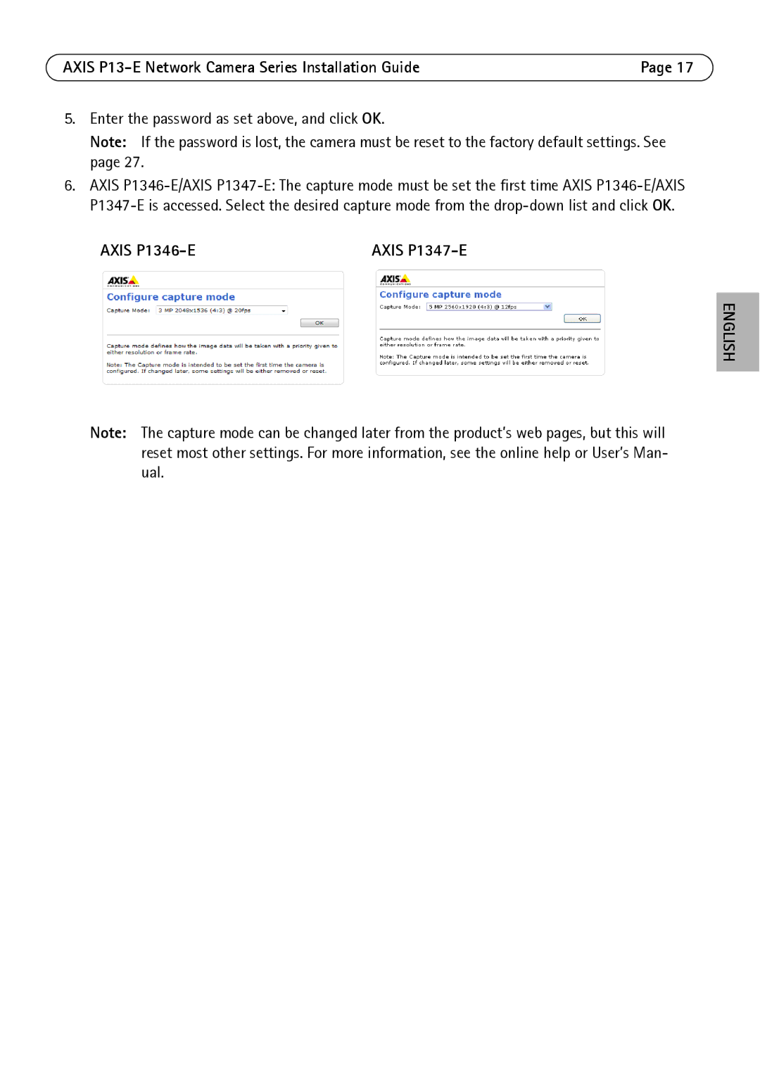 Axis Communications P13-E, P1343-E manual Enter the password as set above, and click OK, Axis P1347-E 