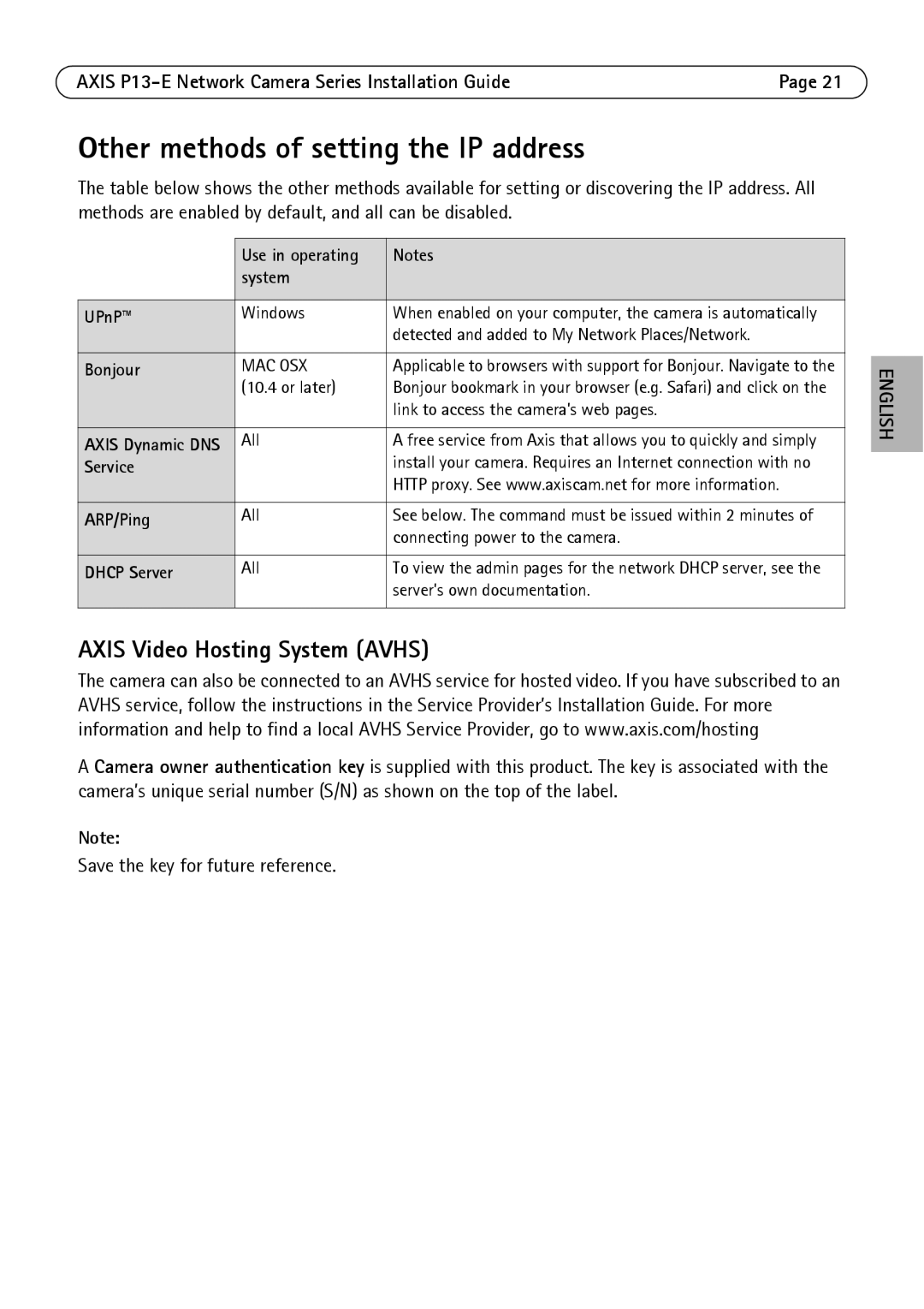 Axis Communications P1343-E, P1347-E, P13-E manual Other methods of setting the IP address, Axis Video Hosting System Avhs 