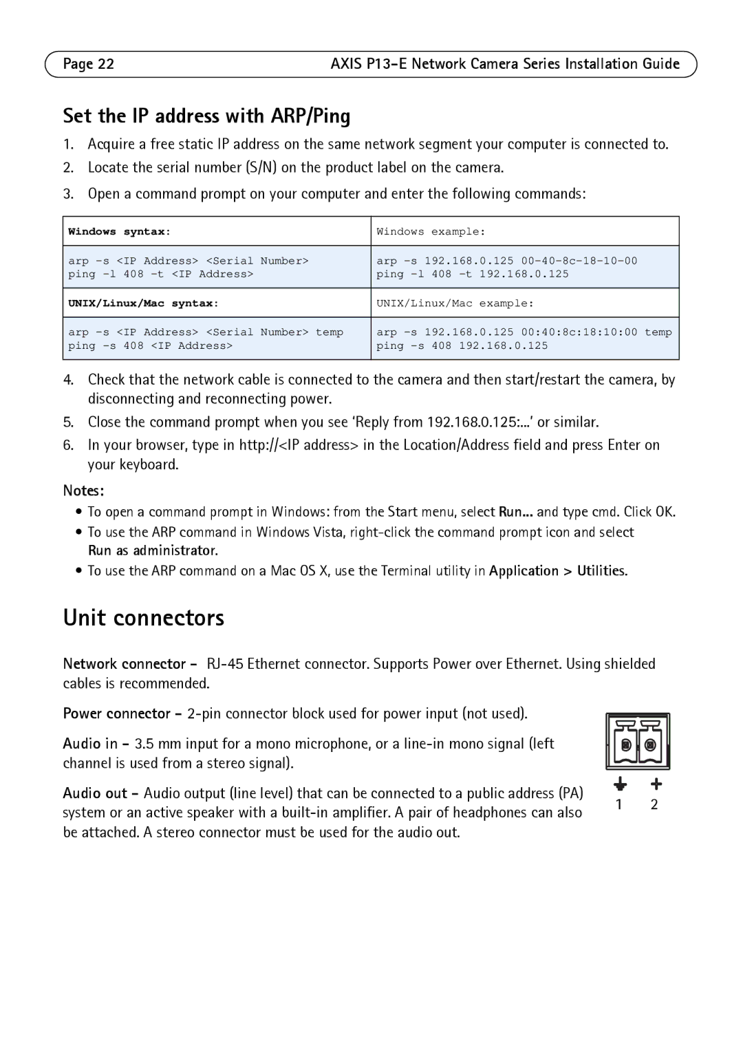 Axis Communications P1347-E, P13-E Unit connectors, Set the IP address with ARP/Ping, Channel is used from a stereo signal 