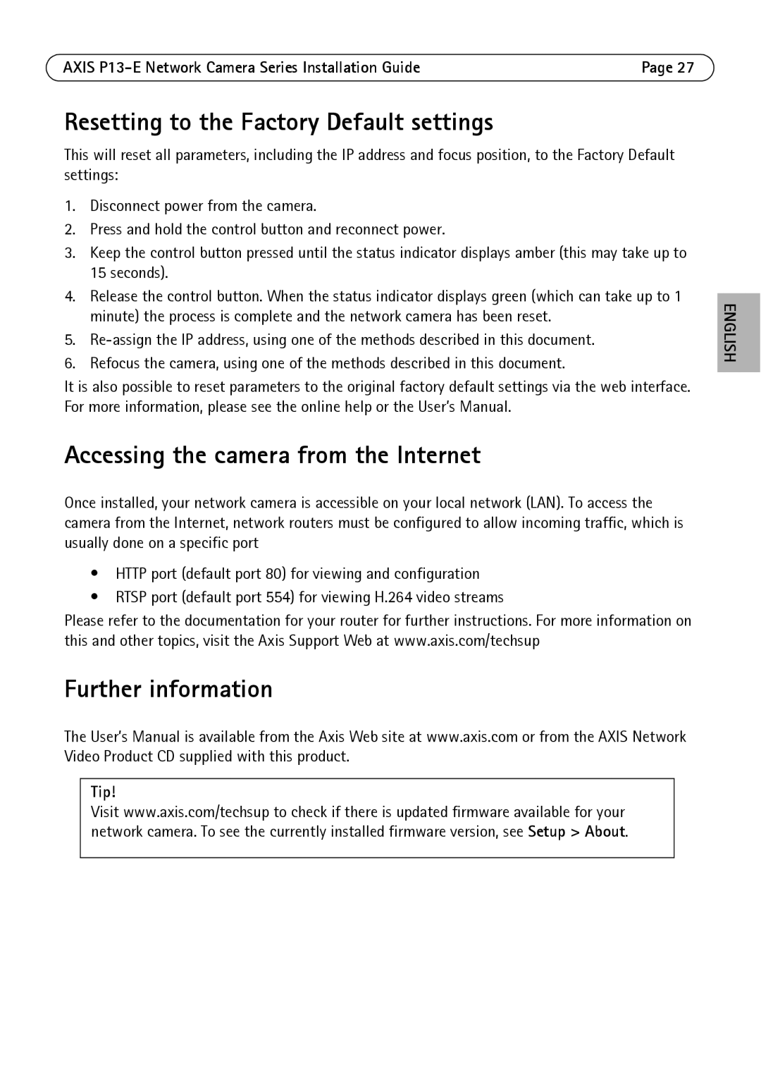 Axis Communications P1343-E, P1347-E Resetting to the Factory Default settings, Accessing the camera from the Internet 