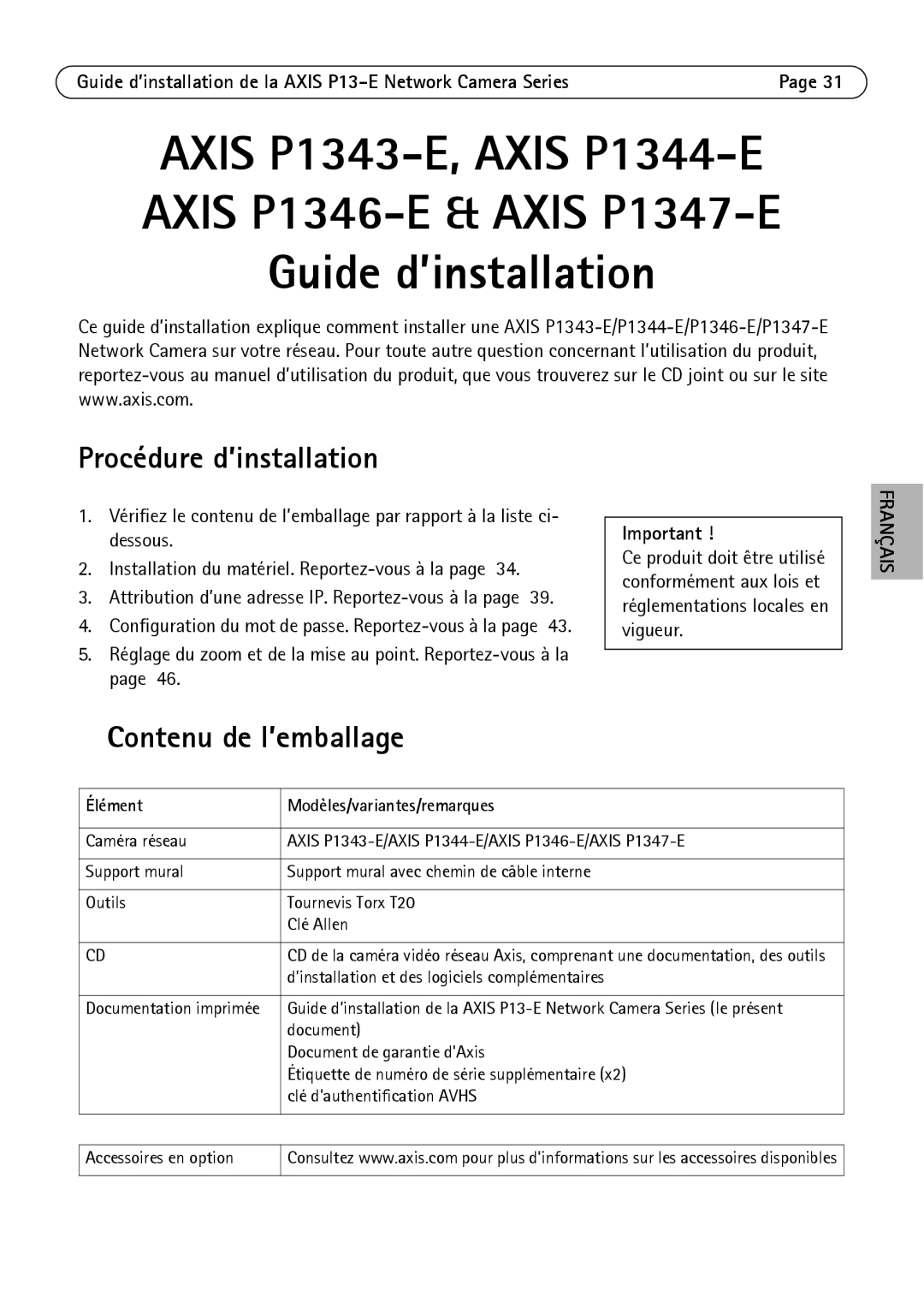 Axis Communications P1347-E, P1343-E Procédure d’installation, Contenu de l’emballage, Élément Modèles/variantes/remarques 