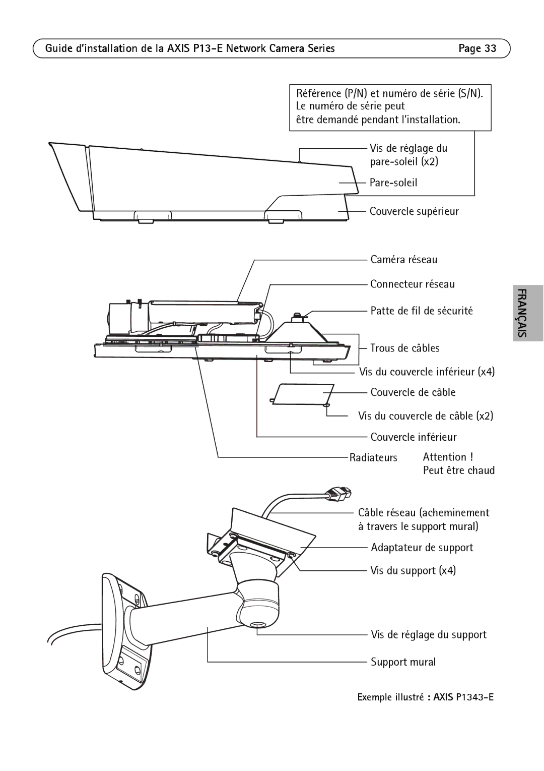 Axis Communications P1343-E, P1347-E manual Travers le support mural, Vis du support Vis de réglage du support Support mural 