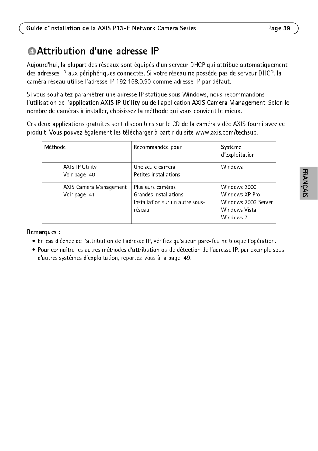 Axis Communications P1343-E, P1347-E, P13-E Attribution d’une adresse IP, Méthode Recommandée pour Système ’exploitation 