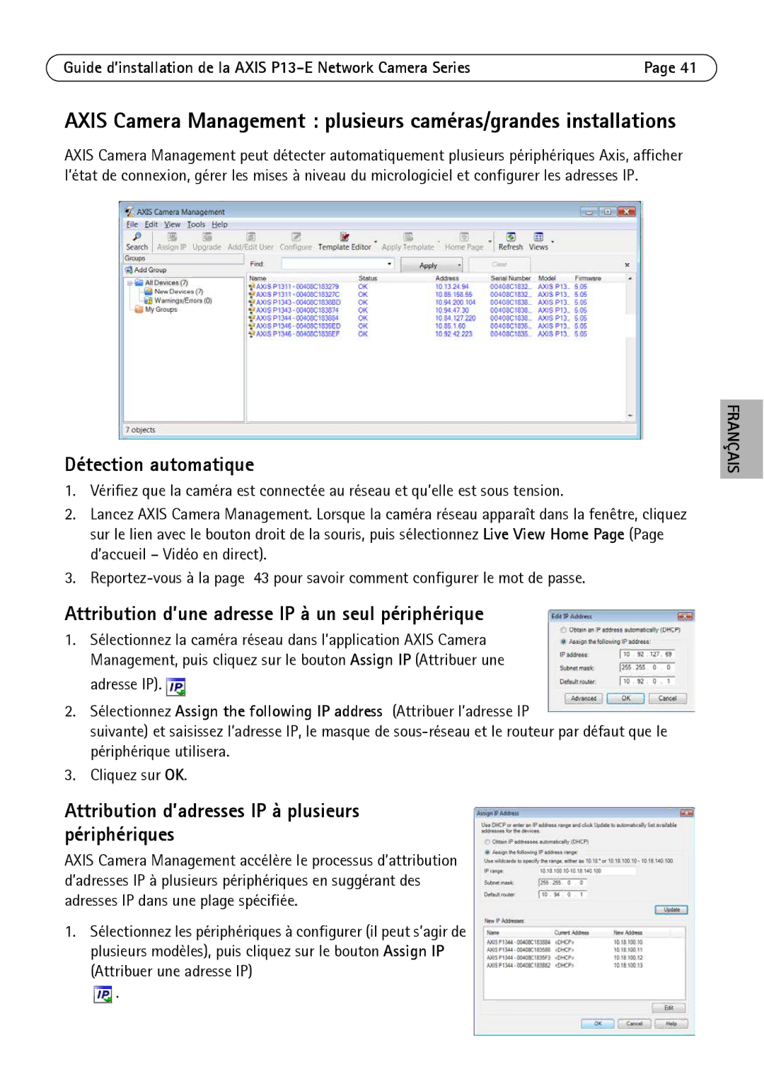 Axis Communications P13-E, P1343-E, P1347-E manual Attribution d’une adresse IP à un seul périphérique 