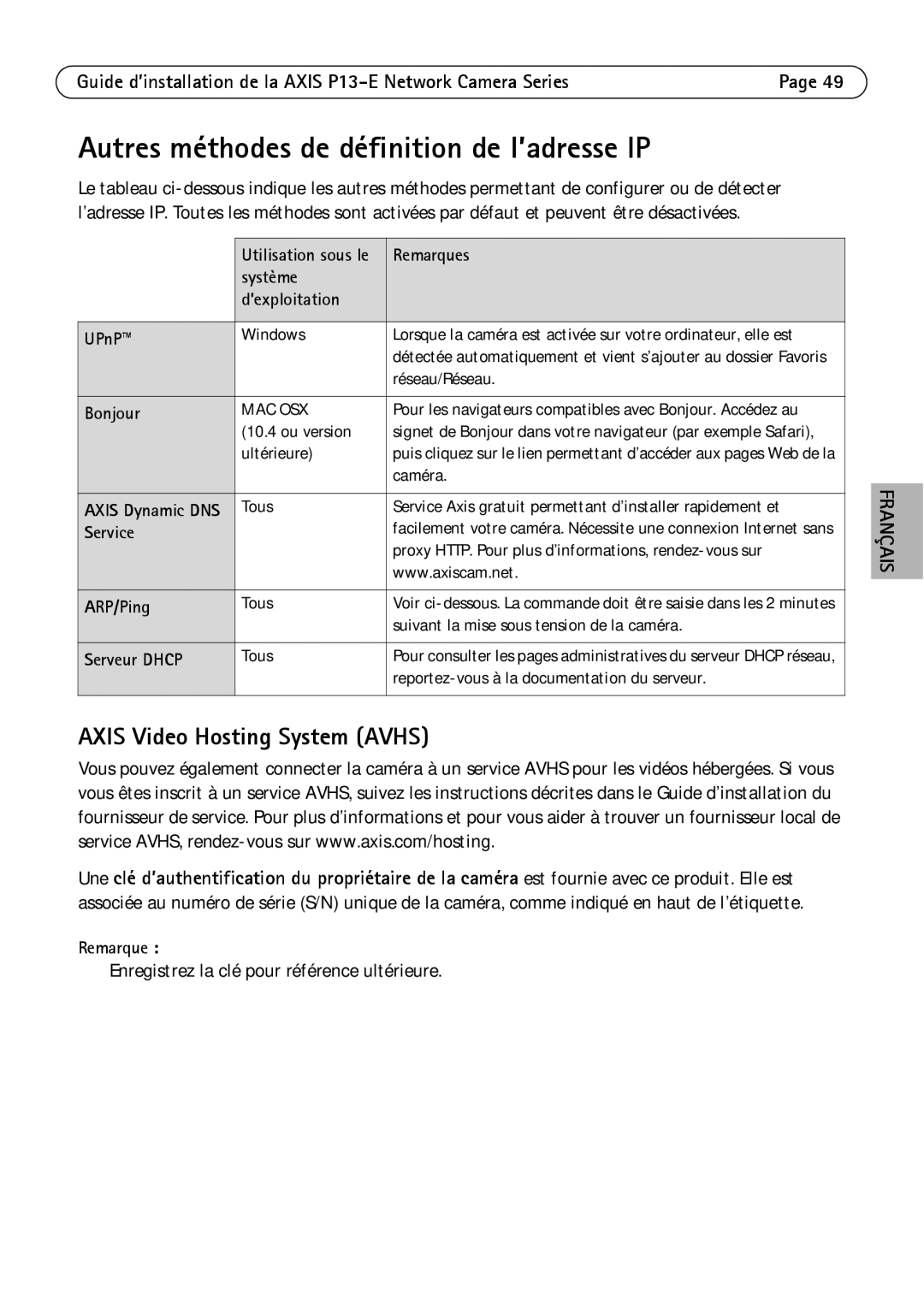 Axis Communications P1347-E Autres méthodes de définition de l’adresse IP, Enregistrez la clé pour référence ultérieure 