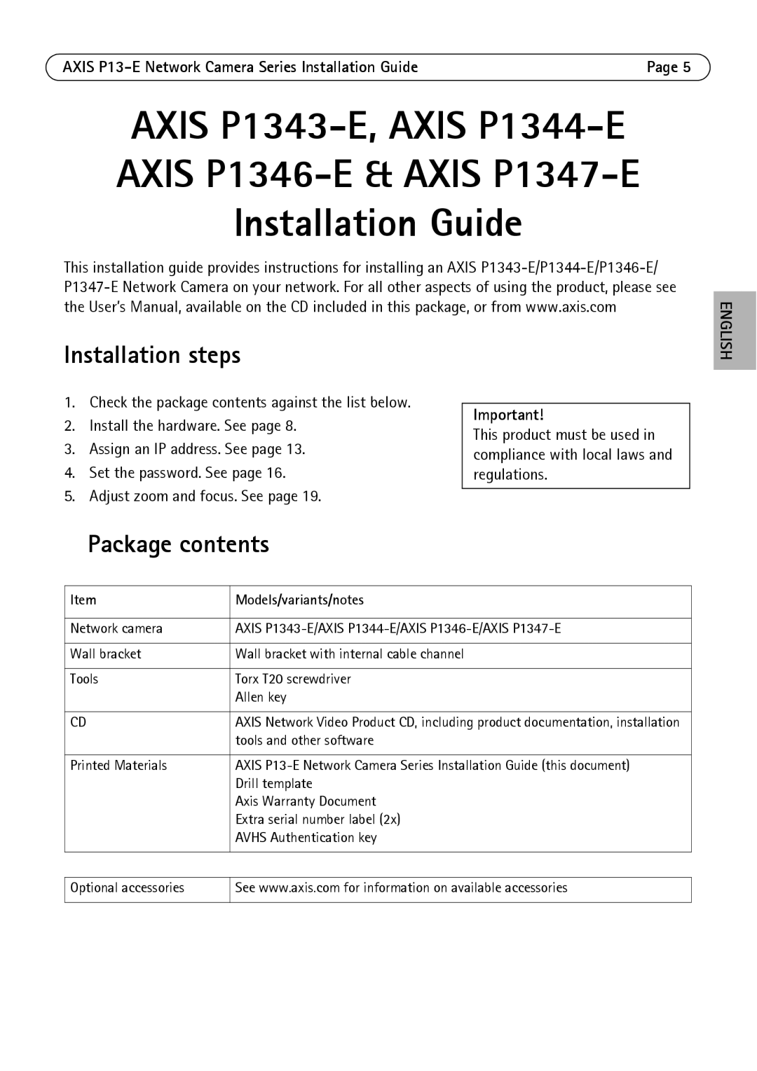 Axis Communications P13-E, P1343-E, P1347-E manual Installation steps, Package contents 