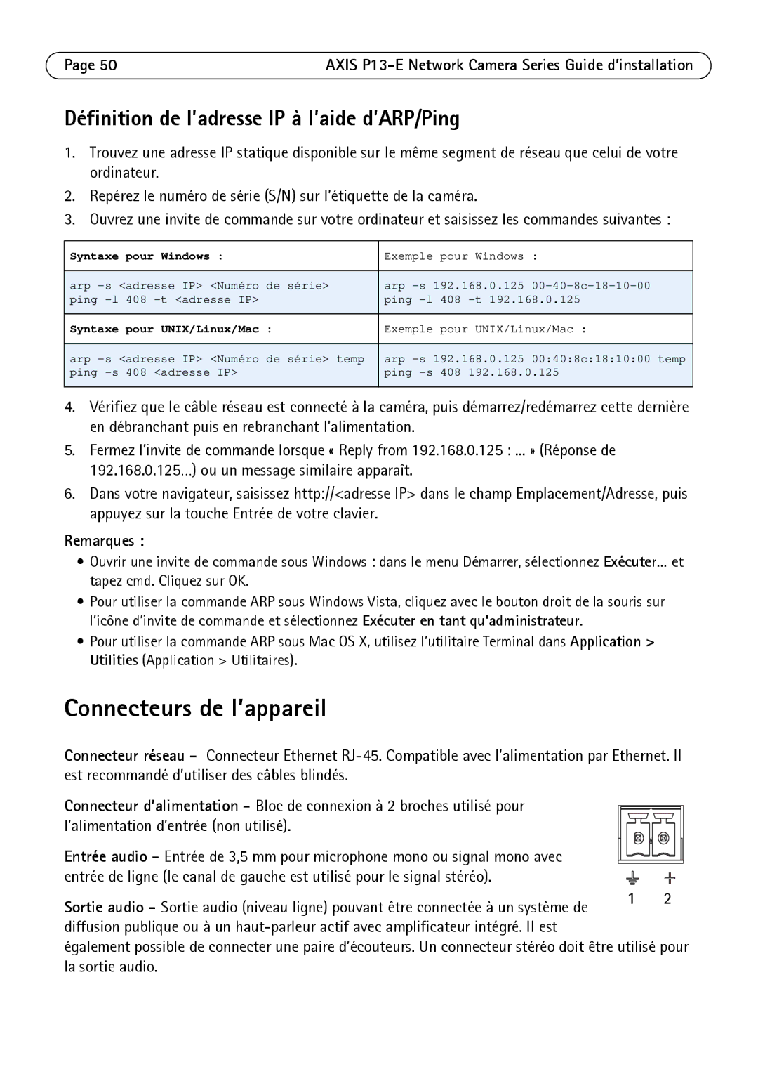 Axis Communications P13-E, P1343-E, P1347-E manual Connecteurs de l’appareil, Définition de l’adresse IP à l’aide d’ARP/Ping 