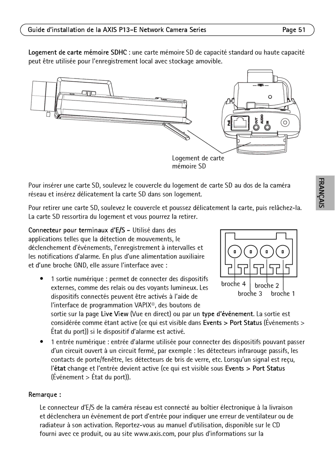 Axis Communications P1343-E, P1347-E, P13-E manual Broche, Dispositifs connectés peuvent être activés à l’aide de 