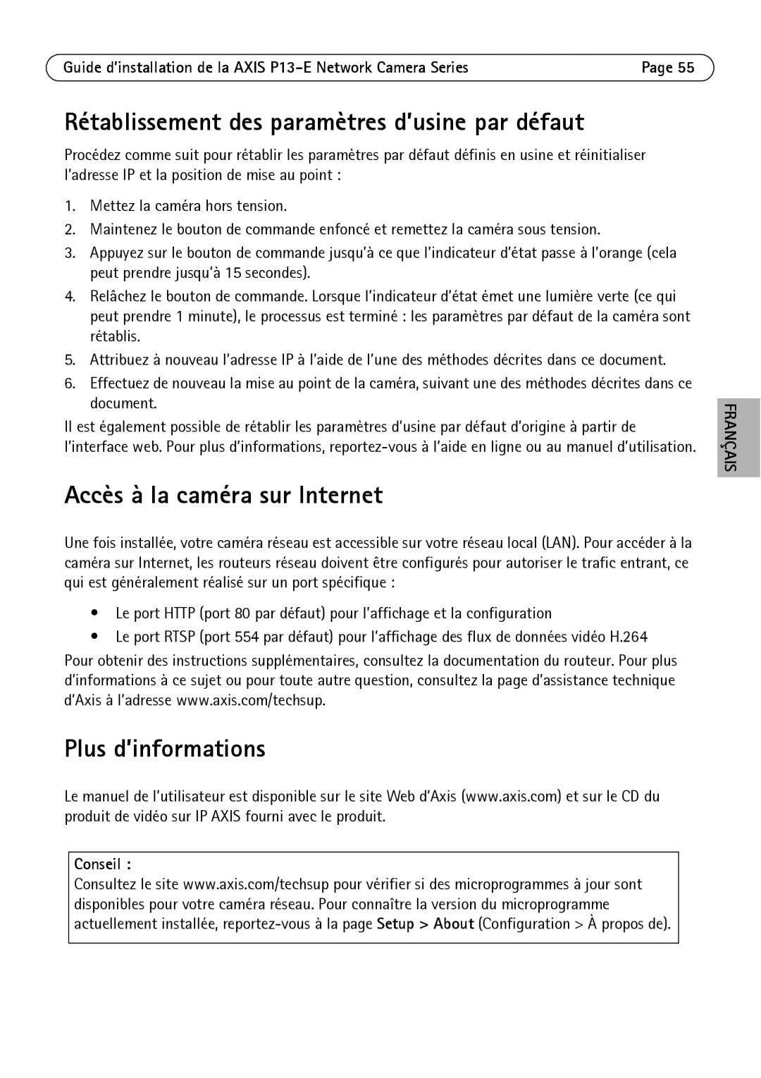 Axis Communications P1347-E, P1343-E manual Rétablissement des paramètres d’usine par défaut, Accès à la caméra sur Internet 