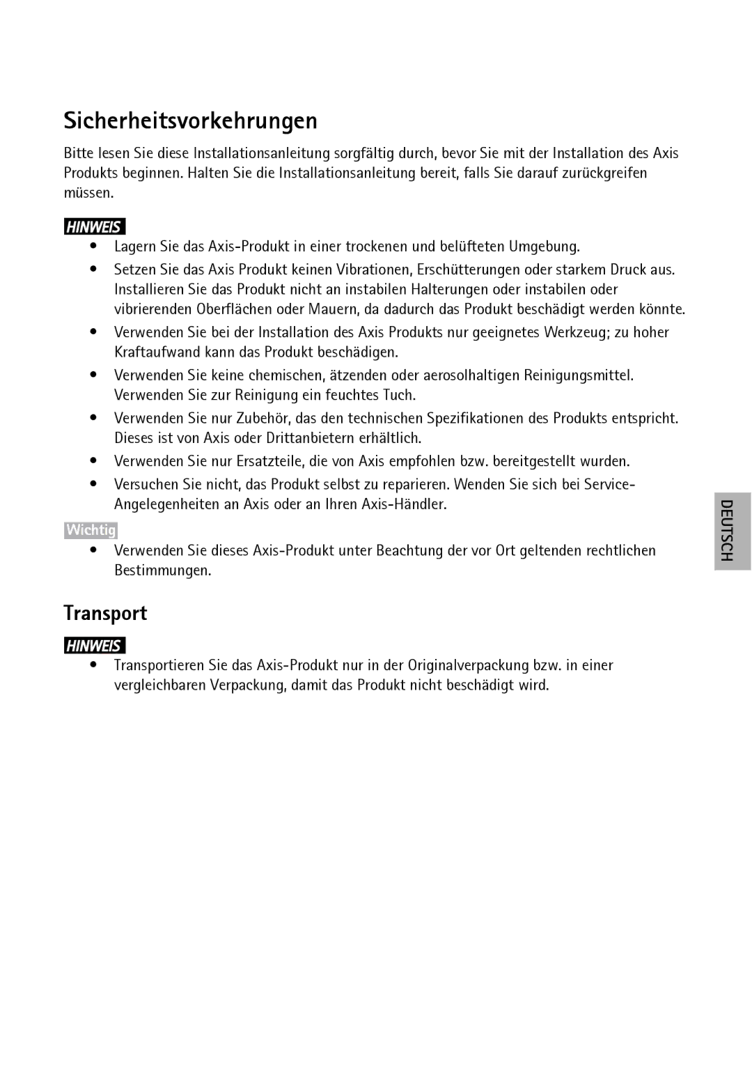 Axis Communications P1343-E, P1347-E, P13-E manual Sicherheitsvorkehrungen, Transport 