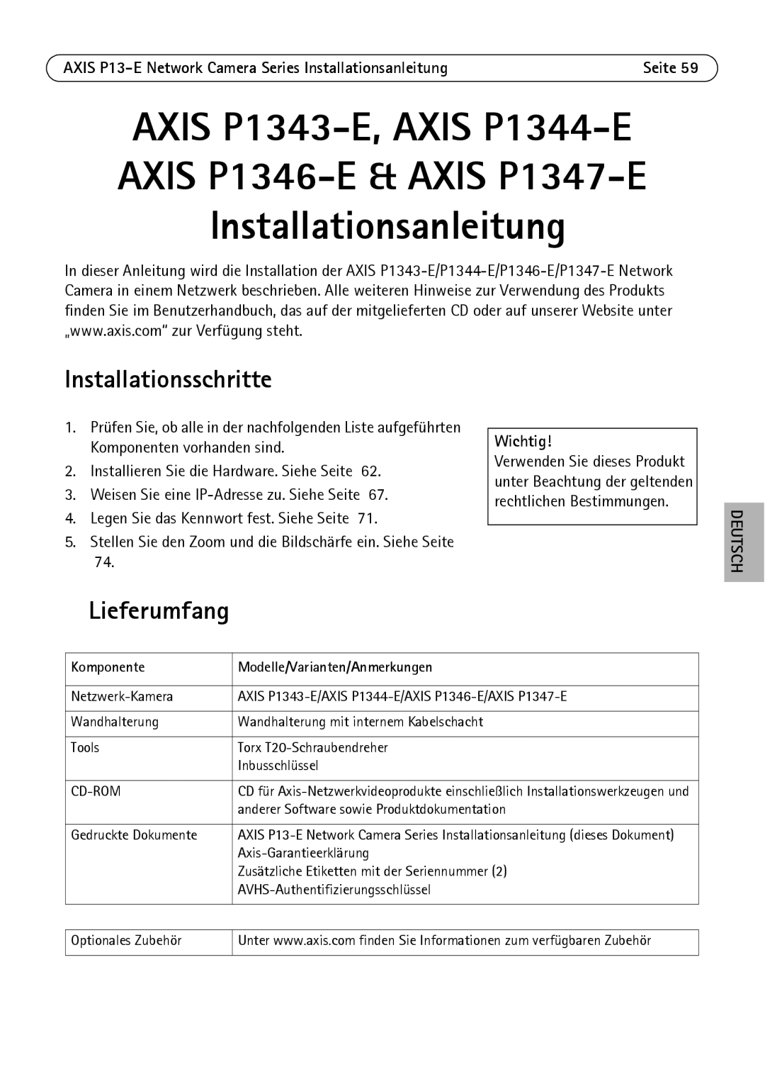 Axis Communications P13-E, P1343-E, P1347-E Installationsschritte, Lieferumfang, Komponente Modelle/Varianten/Anmerkungen 