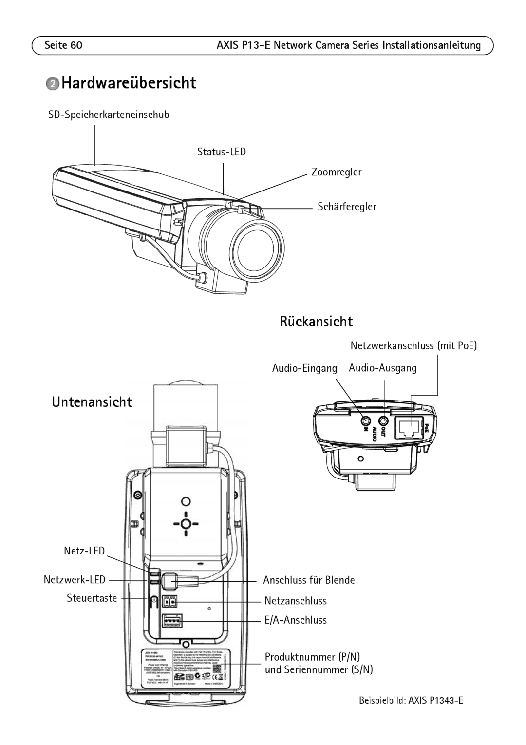 Axis Communications P1343-E, P1347-E, P13-E manual Hardwareübersicht, Untenansicht, Rückansicht, Netz-LED 