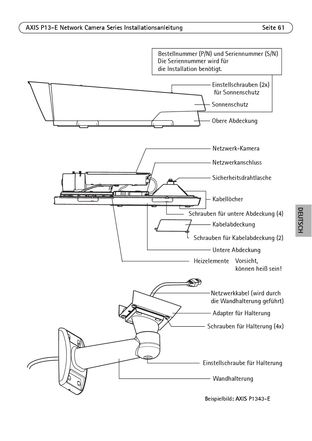 Axis Communications P1347-E, P13-E manual Kabelabdeckung, Bestellnummer P/N und Seriennummer S/N, Beispielbild Axis P1343-E 