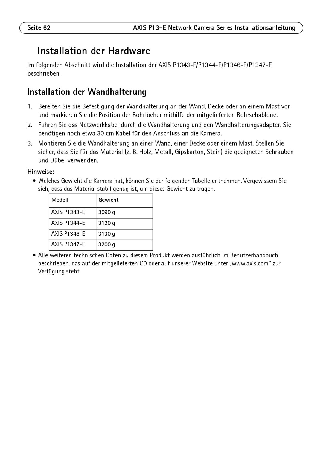 Axis Communications P13-E, P1343-E, P1347-E manual Installation der Hardware, Installation der Wandhalterung, Modell Gewicht 