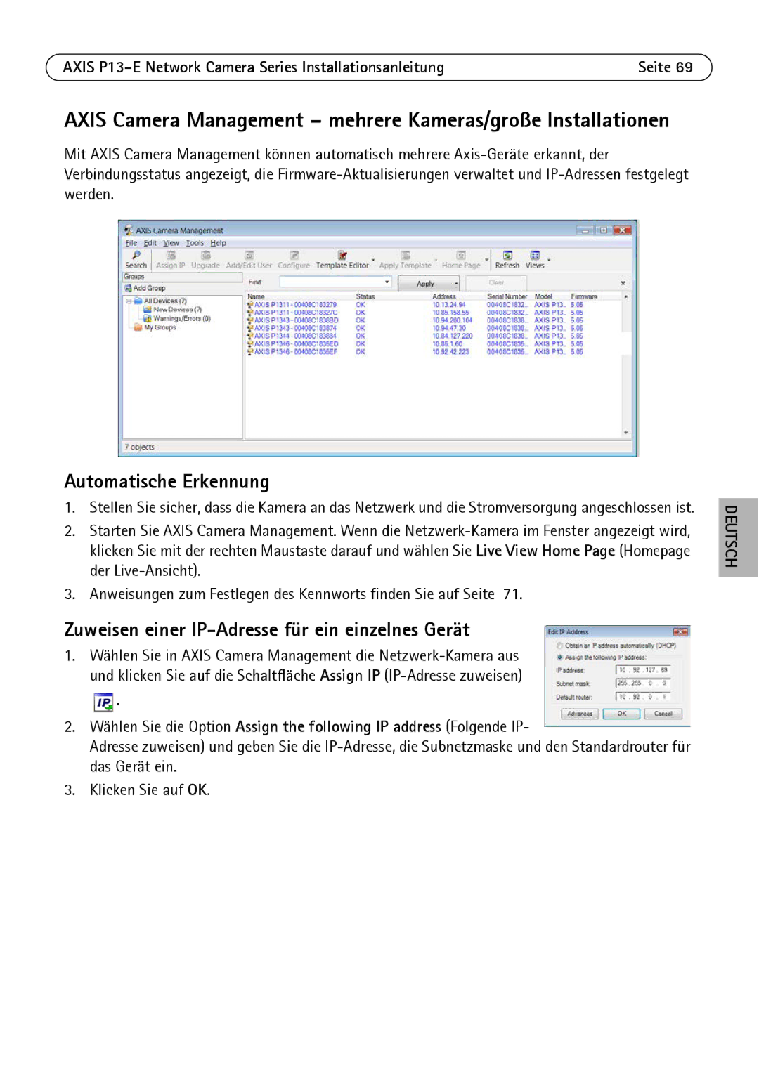 Axis Communications P1343-E, P1347-E, P13-E manual Axis Camera Management mehrere Kameras/große Installationen 