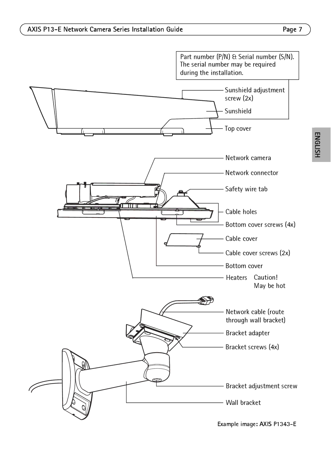 Axis Communications P1347-E, P1343-E Safety wire tab Cable holes, Cable cover, Bottom cover, Heaters Caution May be hot 