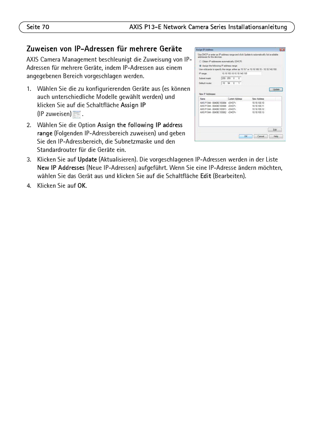 Axis Communications P1347-E, P1343-E, P13-E manual Zuweisen von IP-Adressen für mehrere Geräte, IP zuweisen 